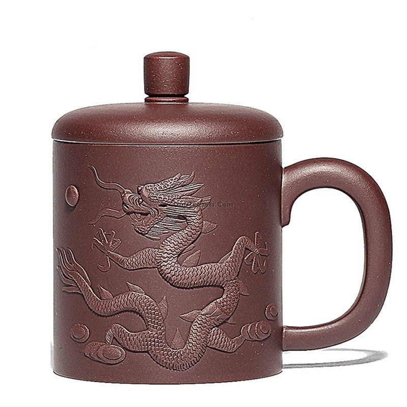Purple Clay Tea Cup Yixing Dragon Carved Zisha 440ml Lidded