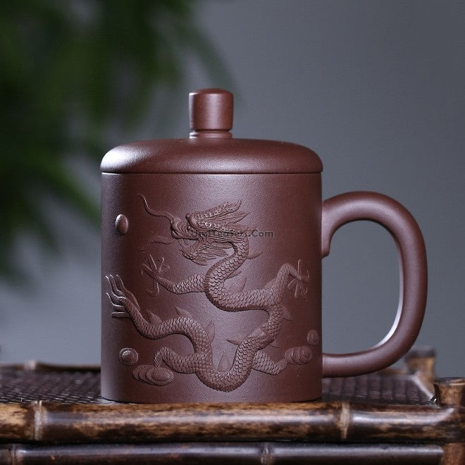 Purple Clay Tea Cup Yixing Dragon Carved Zisha 440ml Lidded