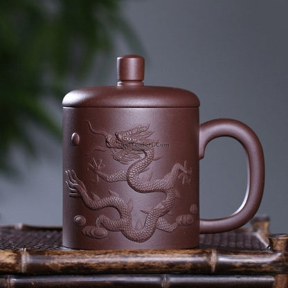 Purple Clay Tea Cup Yixing Dragon Carved Zisha 440ml Lidded