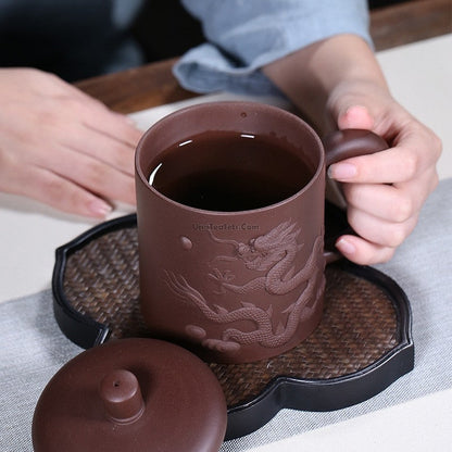 Purple Clay Tea Cup Yixing Dragon Carved Zisha 440ml Lidded