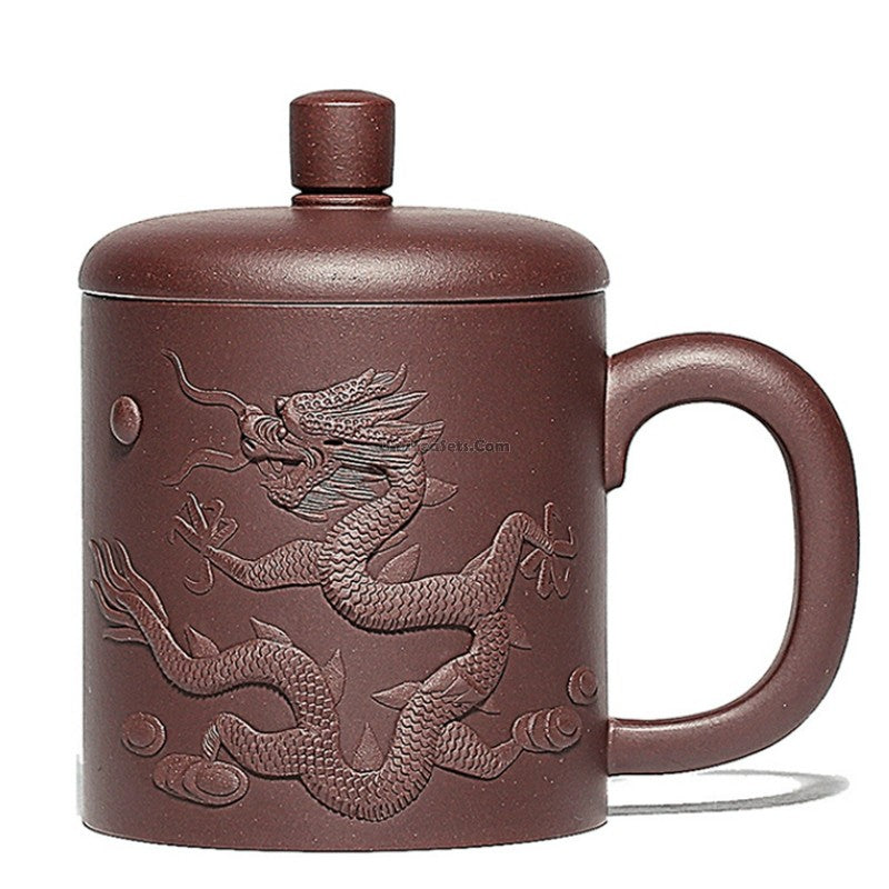 Purple Clay Tea Cup Yixing Dragon Carved Zisha 440ml Lidded