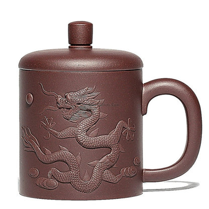 Purple Clay Tea Cup Yixing Dragon Carved Zisha 440ml Lidded