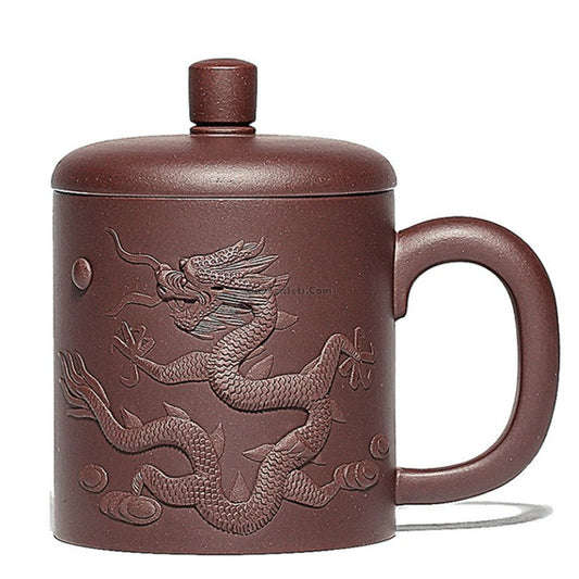 Purple Clay Tea Cup Yixing Dragon Carved Zisha 440ml Lidded