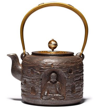 Cast Iron Teapot Buddha Carved Tetsubin 1300ml Copper Lid