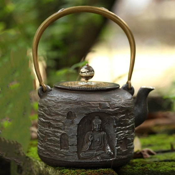 Cast Iron Teapot Buddha Carved Tetsubin 1300ml Copper Lid