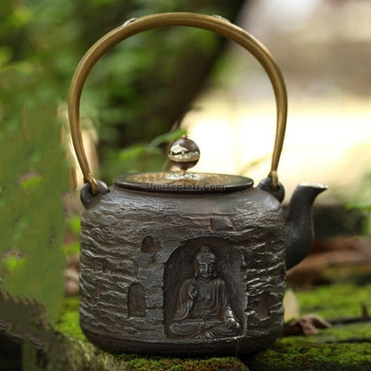 Cast Iron Teapot Buddha Carved Tetsubin 1300ml Copper Lid