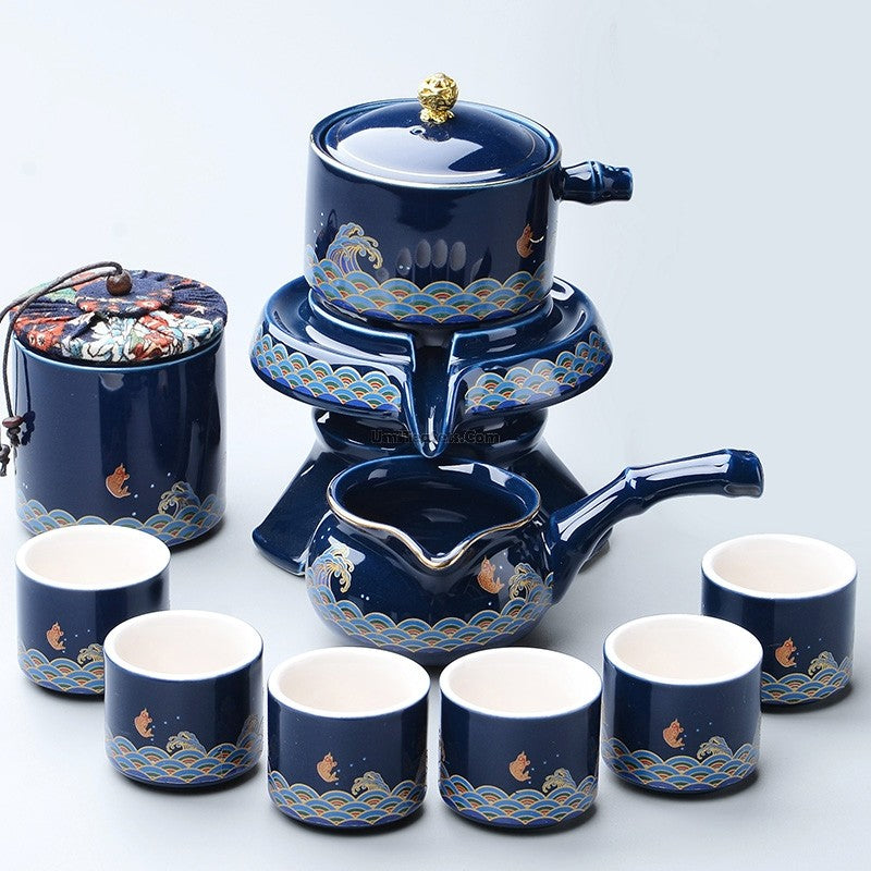 Automatic Gongfu Tea Set Ji Blue Glaze Sea Wave 10-Piece