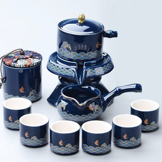 Automatic Gongfu Tea Set Ji Blue Glaze Sea Wave 10-Piece