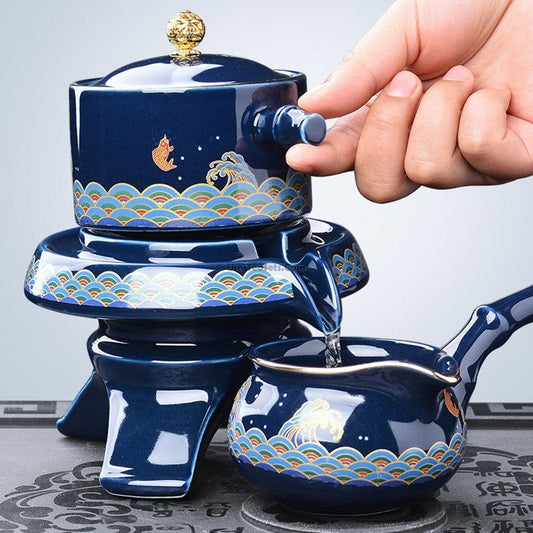 Automatic Gongfu Tea Set Ji Blue Glaze Sea Wave 10-Piece