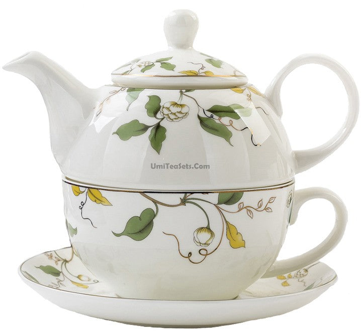 Bone China Tea for One Floral Leaf 450ml Teapot Cup Set