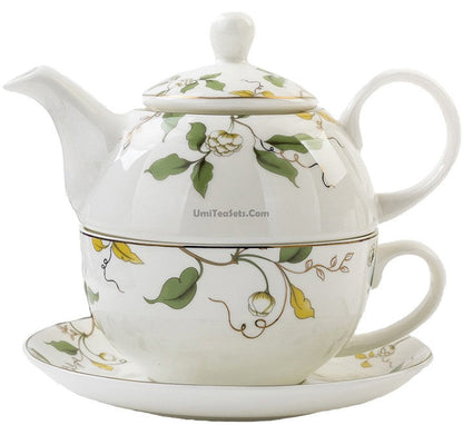 Bone China Tea for One Floral Leaf 450ml Teapot Cup Set
