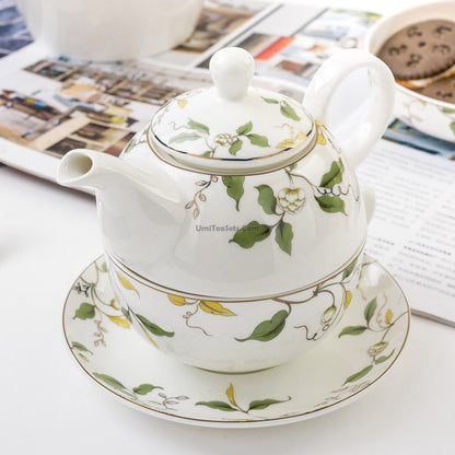 Bone China Tea for One Floral Leaf 450ml Teapot Cup Set
