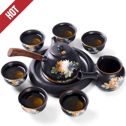Chinese Flower Tea Set Kiln Glaze Porcelain 6 Cups