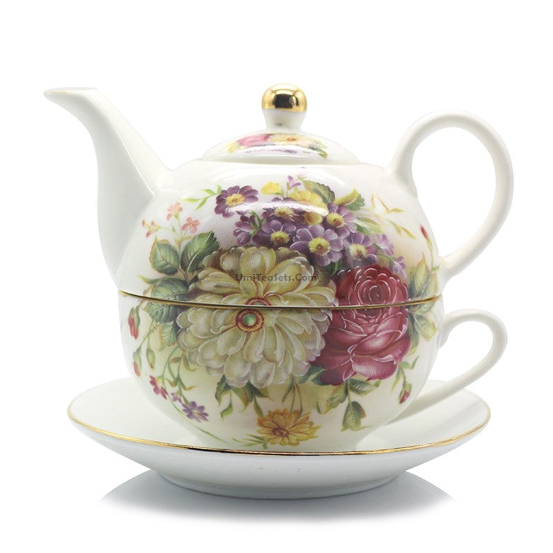 Tea for One Set Bone China Floral Teapot Cup Saucer