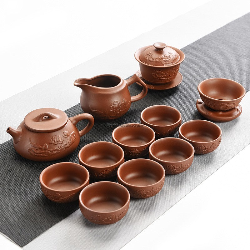 Lotus Tea Set Yixing Purple Clay 12-Piece Gaiwan Cups