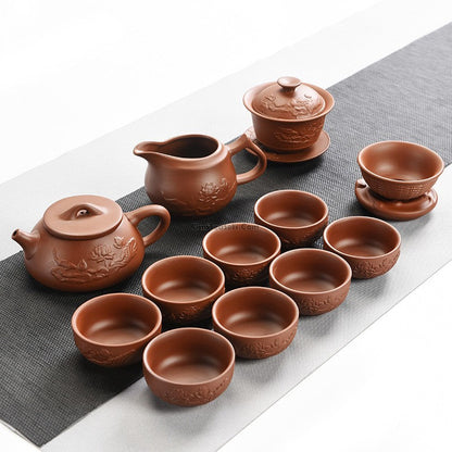 Lotus Tea Set Yixing Purple Clay 12-Piece Gaiwan Cups