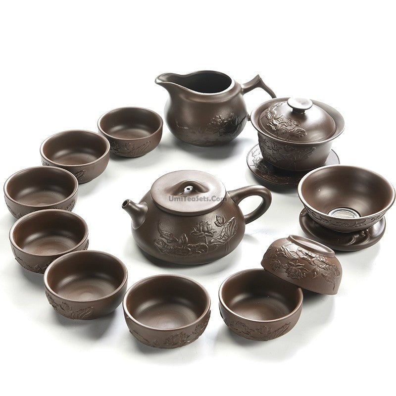 Lotus Tea Set Yixing Purple Clay 12-Piece Gaiwan Cups