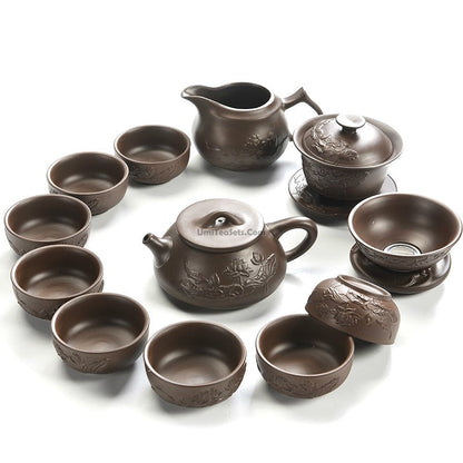 Lotus Tea Set Yixing Purple Clay 12-Piece Gaiwan Cups
