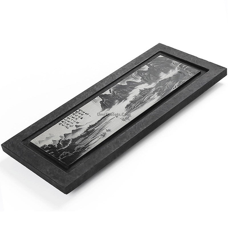 Stone Tea Tray | Carved Landscape Black Gongfu Chachuan