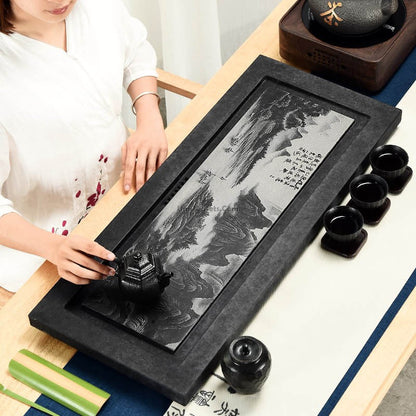 Stone Tea Tray | Carved Landscape Black Gongfu Chachuan
