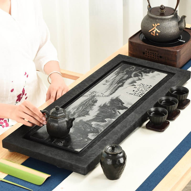 Stone Tea Tray | Carved Landscape Black Gongfu Chachuan