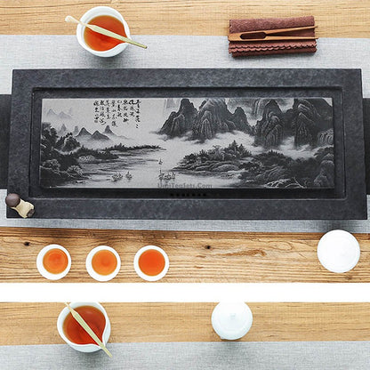 Stone Tea Tray | Carved Landscape Black Gongfu Chachuan