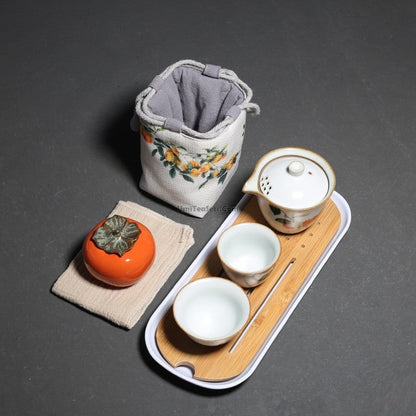 Travel Tea Set Ruyao Persimmon Ceramic Portable 4pc