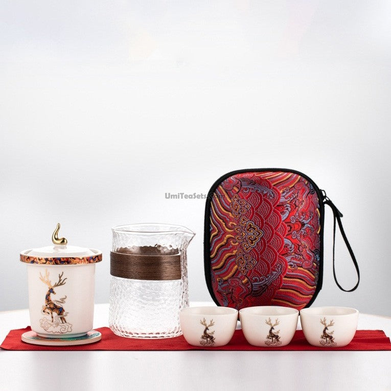 Travel Tea Set Glass Porcelain Teapot 2 Cups Bag
