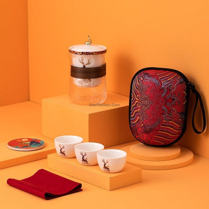 Travel Tea Set Glass Porcelain Teapot 2 Cups Bag