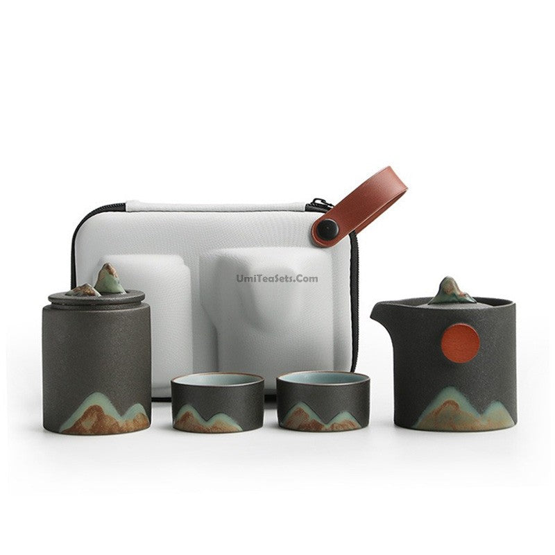 Travel Tea Set Japanese Mountain Sun Coarse Pottery 230ml & Bag