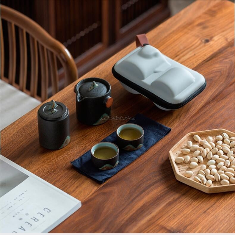 Travel Tea Set Japanese Mountain Sun Coarse Pottery 230ml & Bag