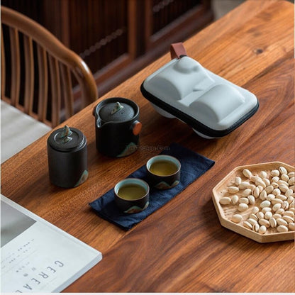 Travel Tea Set Japanese Mountain Sun Coarse Pottery 230ml & Bag