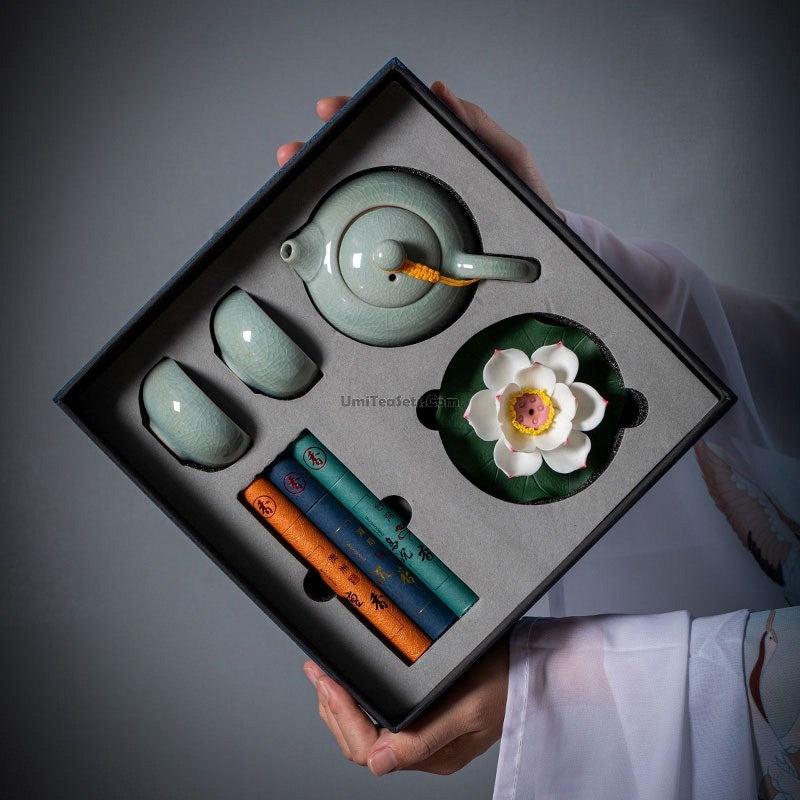 Geyao Ceramic Tea Set with Lotus Incense Holder