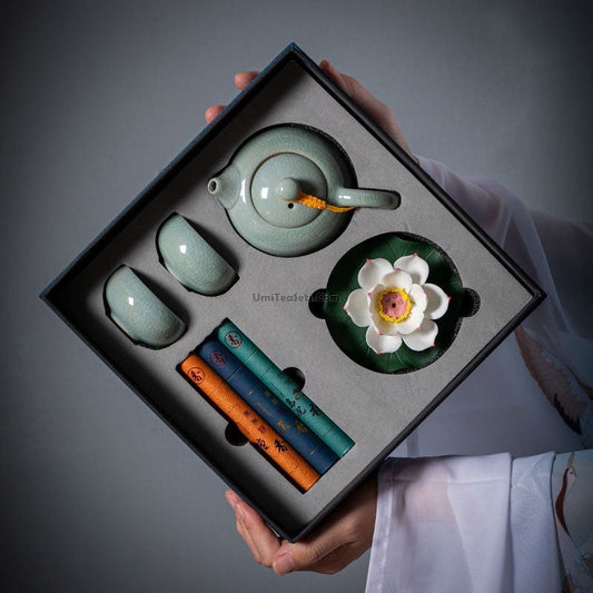 Geyao Ceramic Tea Set with Lotus Incense Holder