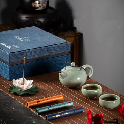 Geyao Ceramic Tea Set with Lotus Incense Holder
