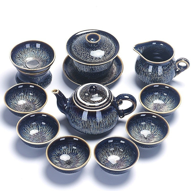 Jian Zhan Tea Set Starry Sky Glaze Teapot 6 Cups Gaiwan