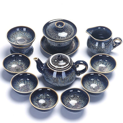 Jian Zhan Tea Set Starry Sky Glaze Teapot 6 Cups Gaiwan