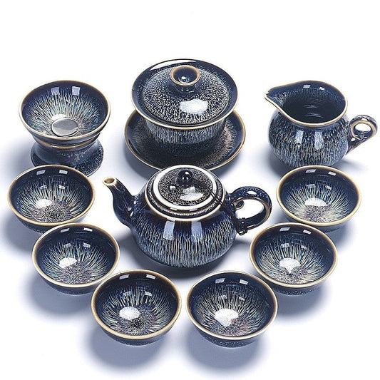 Jian Zhan Tea Set Starry Sky Glaze Teapot 6 Cups Gaiwan