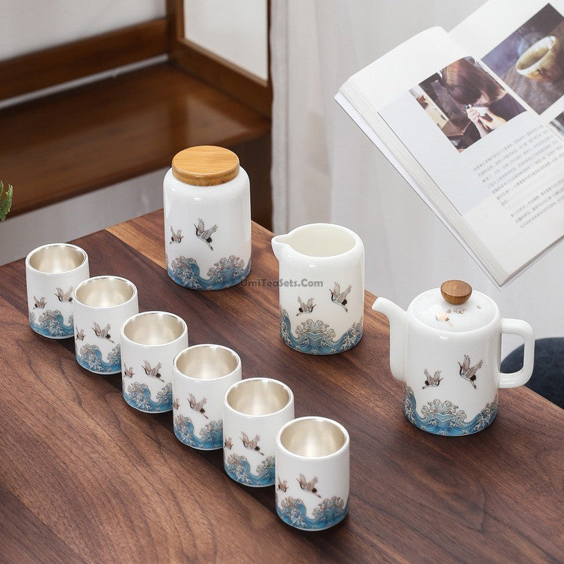 Jade Porcelain Tea Set | Silver-Lined Dehua Crane & Wave