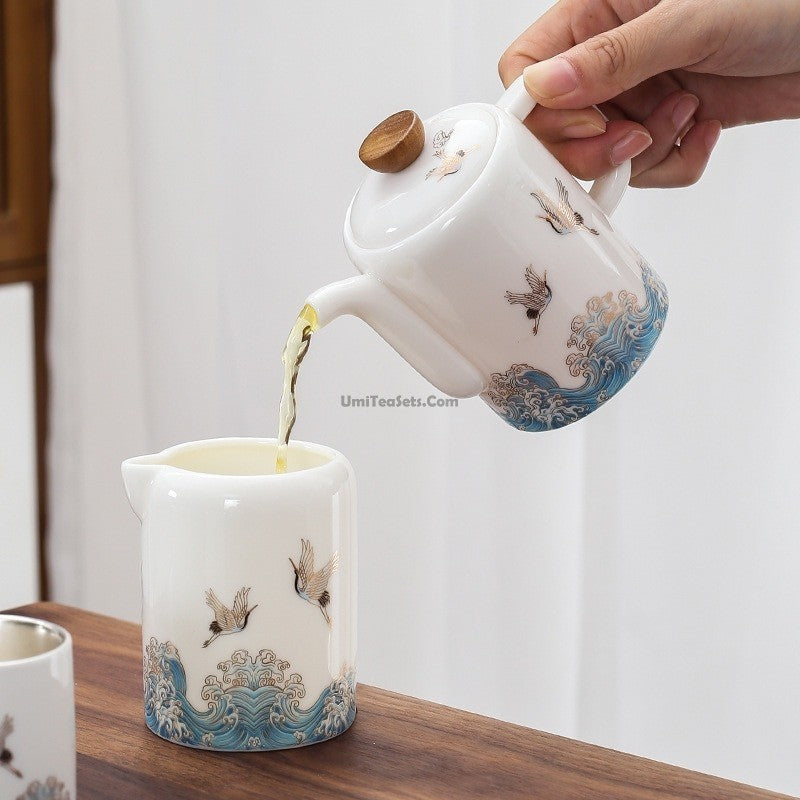 Jade Porcelain Tea Set | Silver-Lined Dehua Crane & Wave