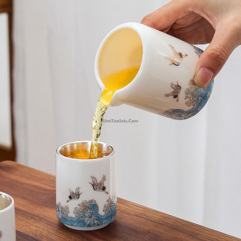 Jade Porcelain Tea Set | Silver-Lined Dehua Crane & Wave