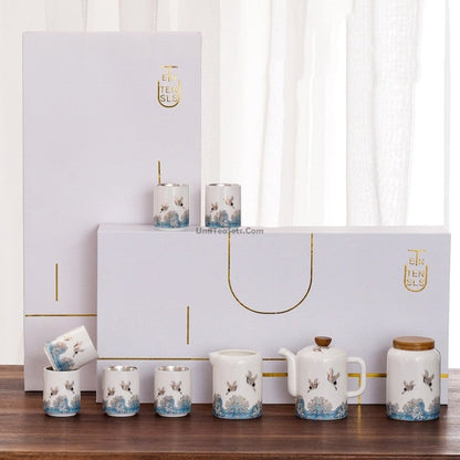 Jade Porcelain Tea Set | Silver-Lined Dehua Crane & Wave