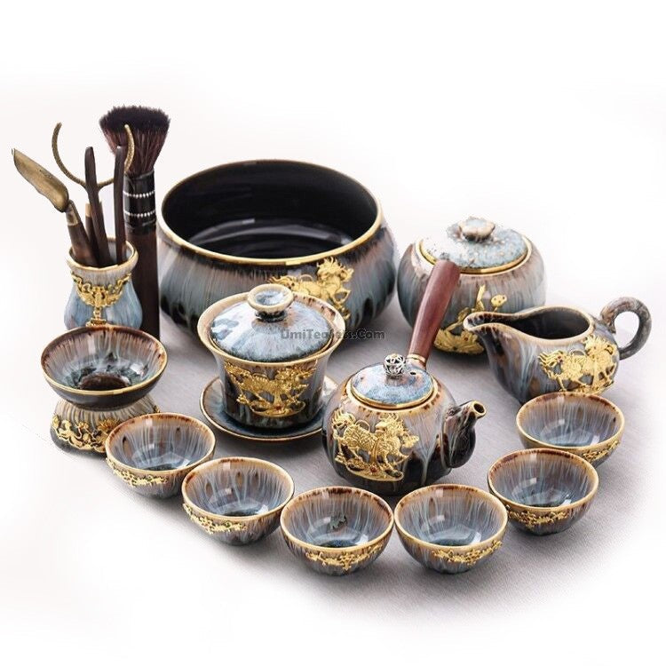 Jian Zhan Tea Set | Gold Dragon Inlay Dark Blue Kiln Glaze