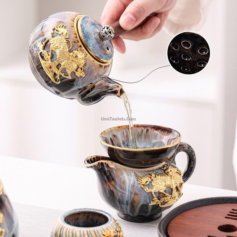 Jian Zhan Tea Set | Gold Dragon Inlay Dark Blue Kiln Glaze