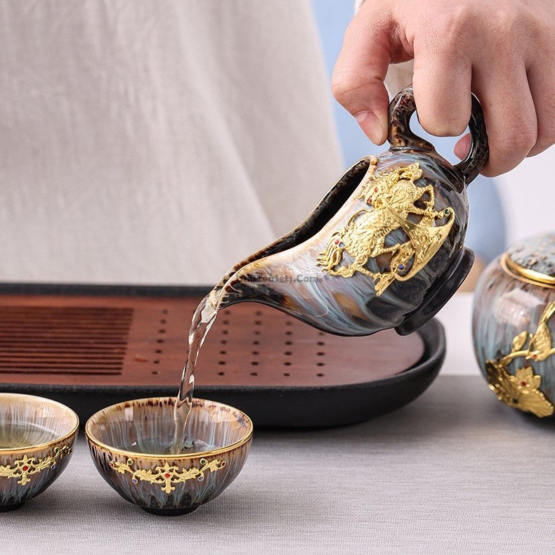Jian Zhan Tea Set | Gold Dragon Inlay Dark Blue Kiln Glaze