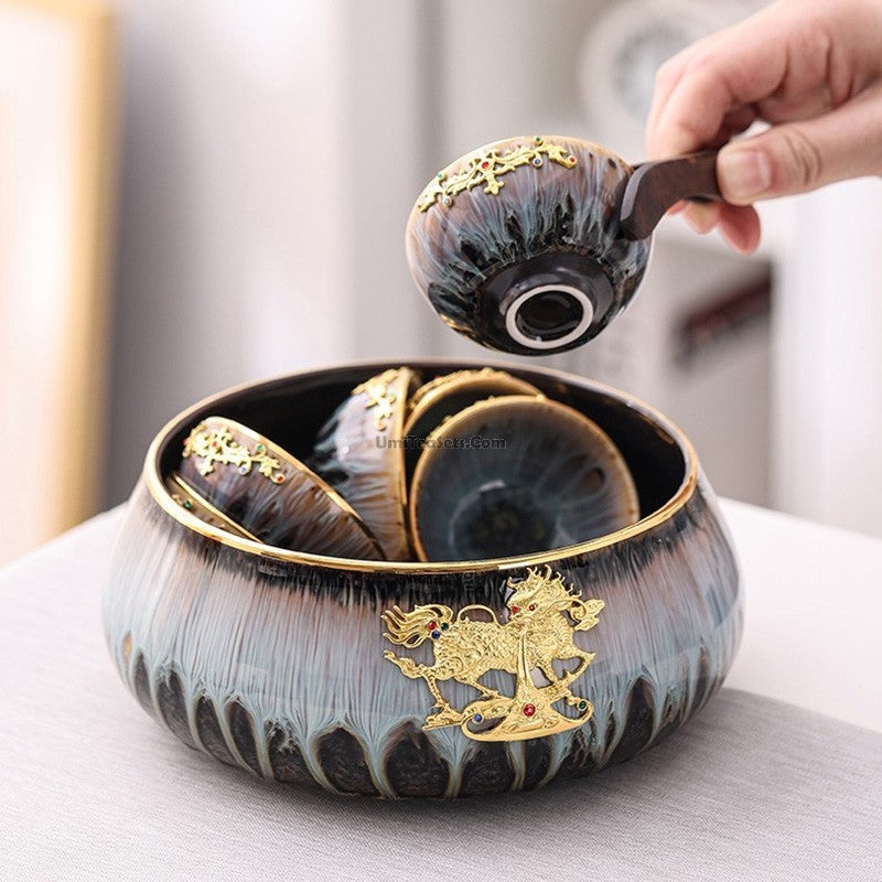 Jian Zhan Tea Set | Gold Dragon Inlay Dark Blue Kiln Glaze