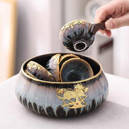 Jian Zhan Tea Set | Gold Dragon Inlay Dark Blue Kiln Glaze