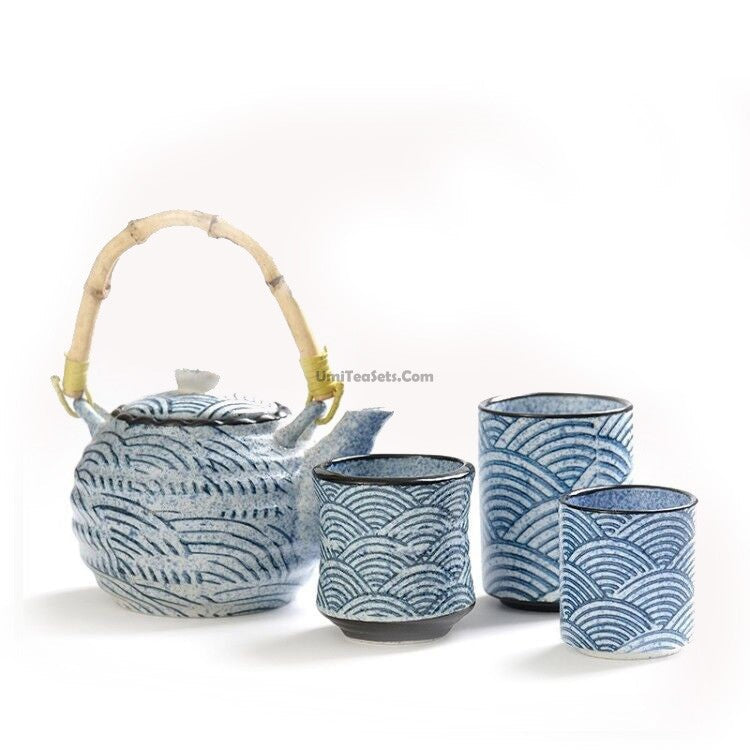 Kiyomizu-Yaki Tea Set Japanese Sea Wave Bamboo Handle Teapot