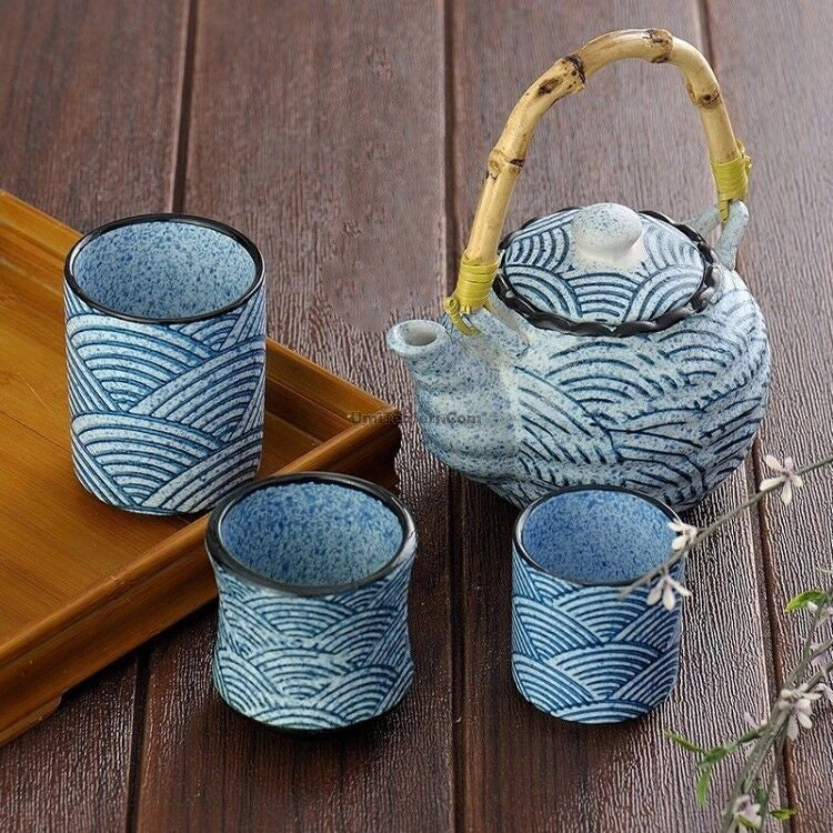 Kiyomizu-Yaki Tea Set Japanese Sea Wave Bamboo Handle Teapot