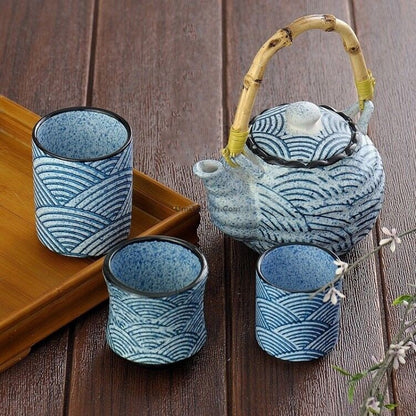 Kiyomizu-Yaki Tea Set Japanese Sea Wave Bamboo Handle Teapot